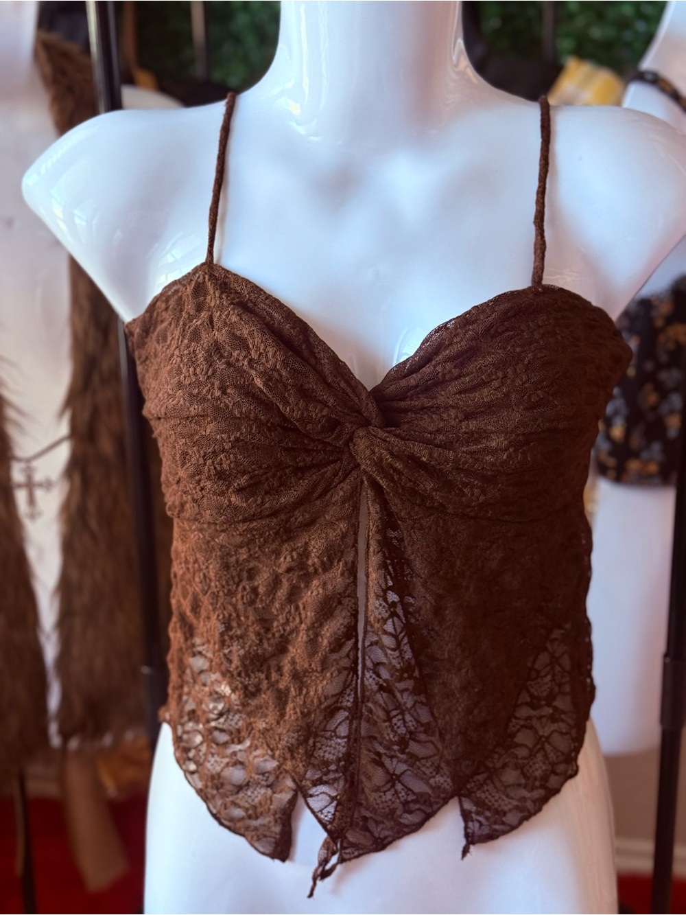 Brown Lace Twist Front Cami Top